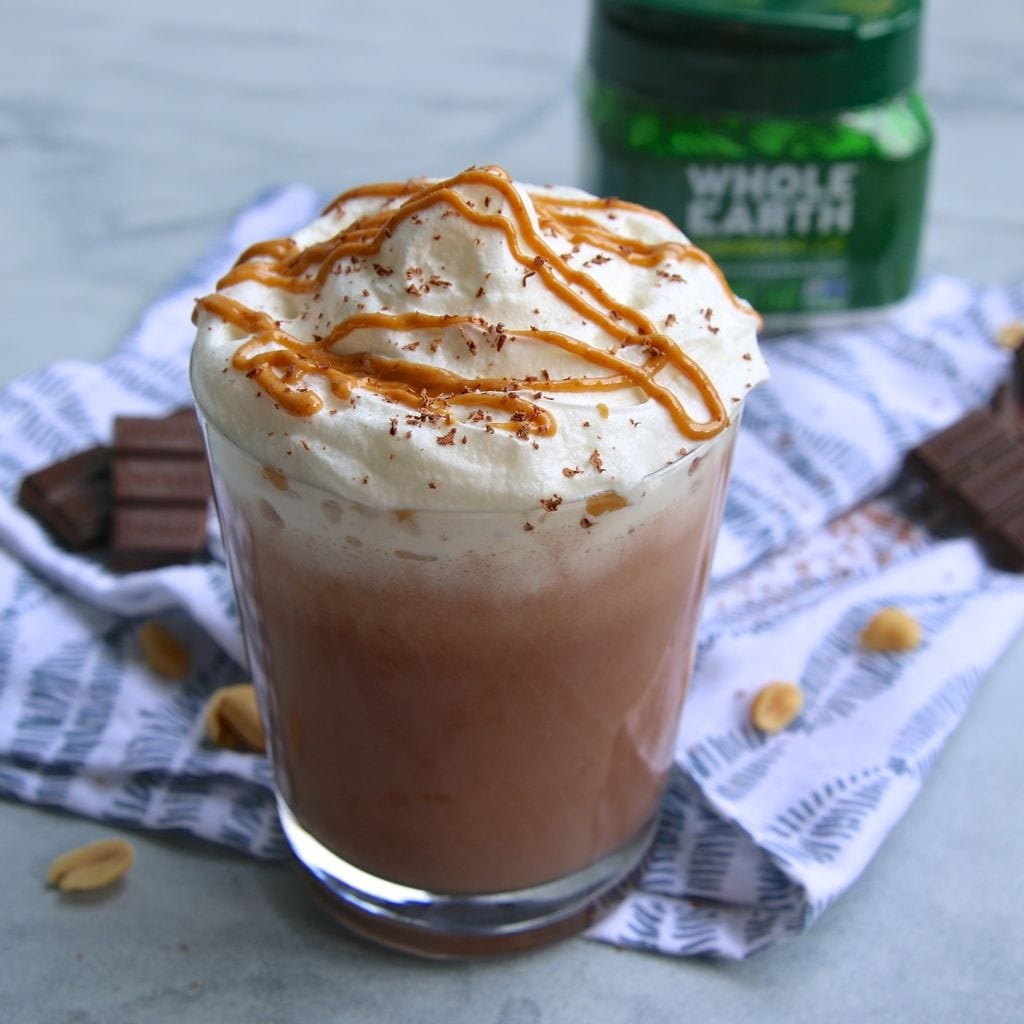 Recipe for a keto chocolate peanut butter smoothie.
