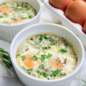 Recipe for keto baked eggs and fresh herbs.