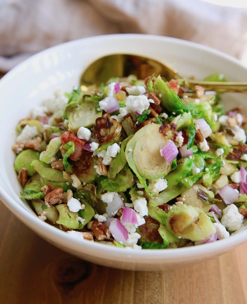 Brussels Sprouts recipe with Pancetta, Goat Cheese, and Pecans.