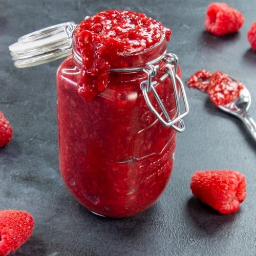 Recipe for making homemade keto friendly raspberry preserves with only 8 ingredients.