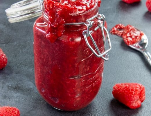 Recipe for making homemade keto friendly raspberry preserves with only 8 ingredients.