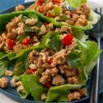 Recipe for keto asian lettuce wraps that are a copycat recipe of PF Chang's Chicken Lettuce Wraps.
