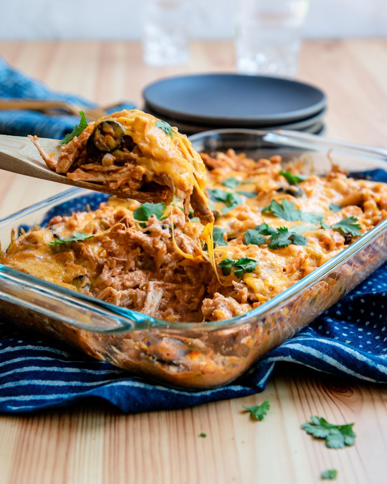 Have a hearty dinner on the table in just about 30 minutes with this easy chicken enchilada casserole recipe!
