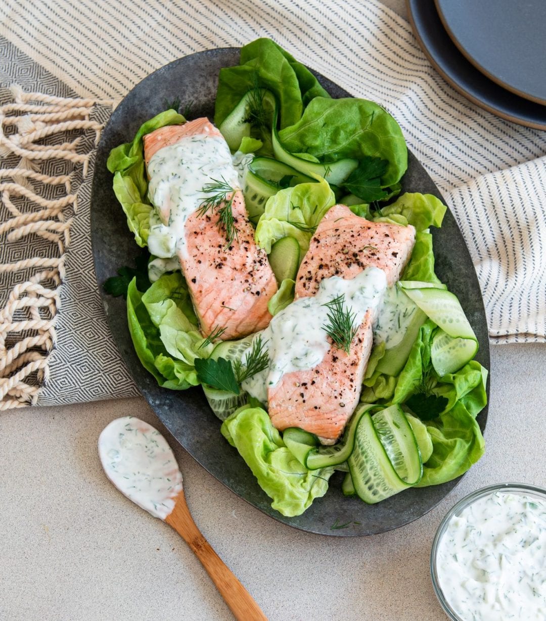 Poached Salmon with Cucumber Dill Sauce - Keto Karma