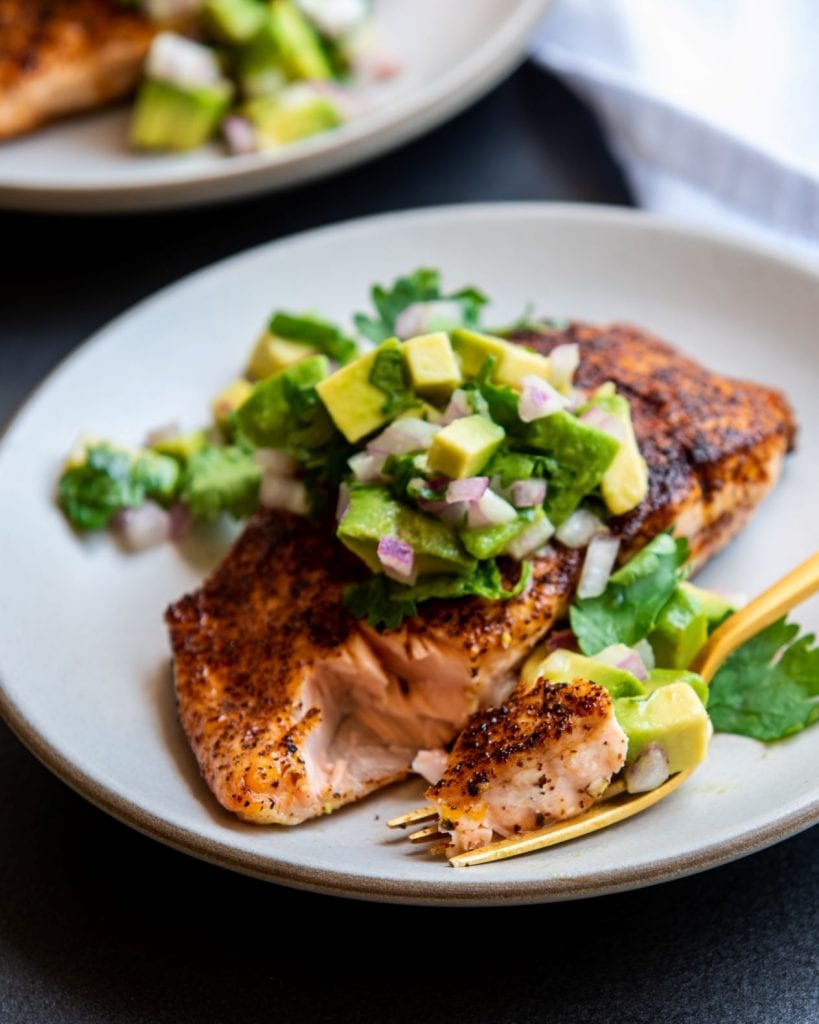 Recipe for Grilled Salmon with Avocado Salsa takes just a few minutes to prep and only 15 minutes to cook.