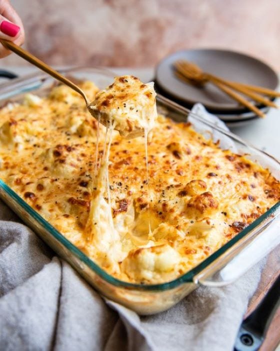 Keto mac and cheese made with four cheeses and cauliflower instead of pasta.