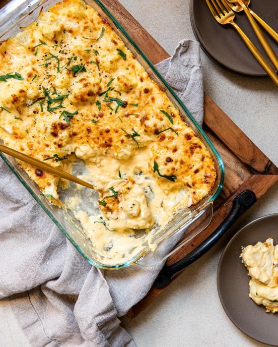 Keto mac and cheese made with four cheeses and cauliflower instead of pasta.