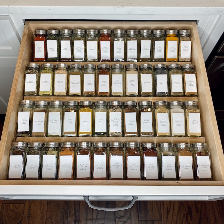 Simple, inexpensive DIY spice drawer organization project details.