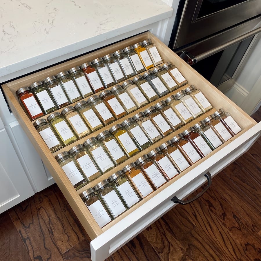 Simple, inexpensive DIY spice drawer organization project details.