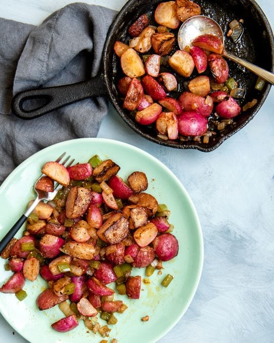 A recipe for home fries made with radishes instead of potatoes.