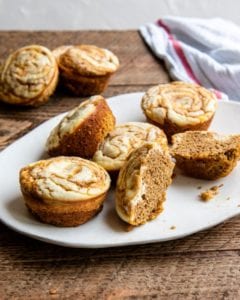 Simple recipe for pumpkin cream cheese muffins.