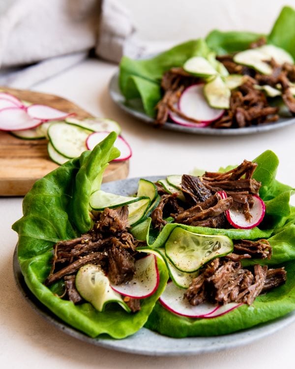 Simple recipe for shredded beef lettuce wraps.
