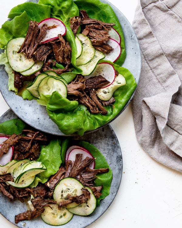 Simple recipe for shredded beef lettuce wraps.