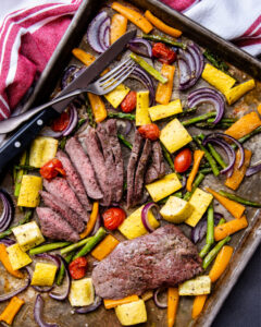 Low carb recipe for sheet pan steak and vegetables.