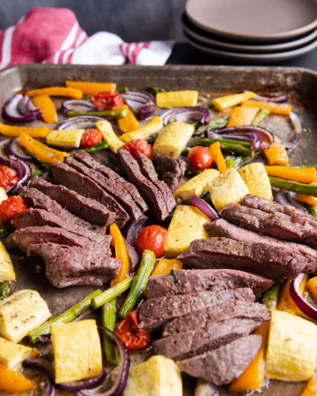 Low carb recipe for sheet pan steak and vegetables.