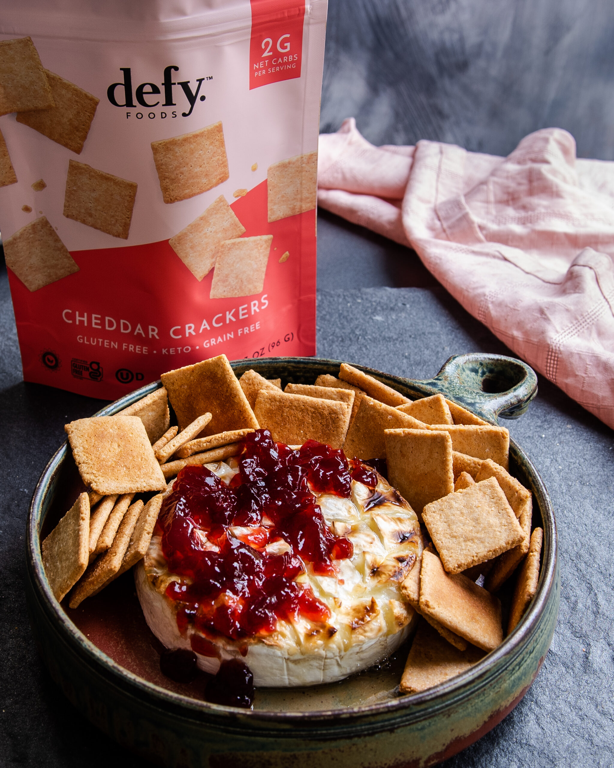 keto baked brie and defy crackers