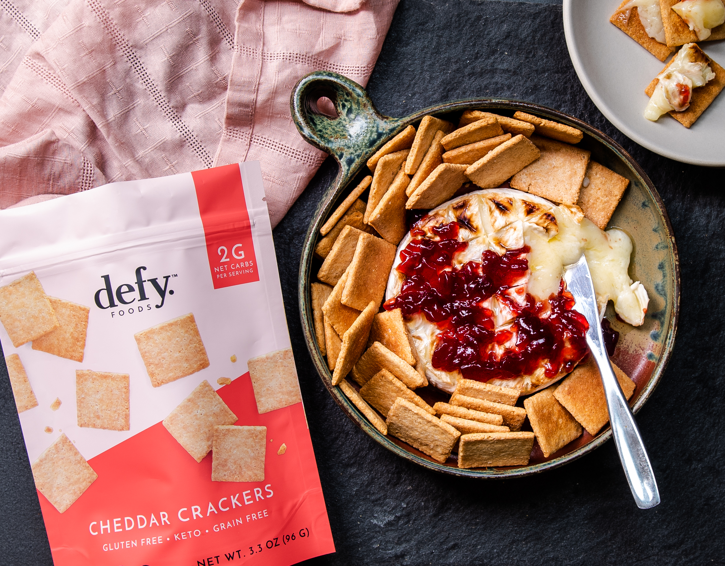 keto baked brie and defy crackers overhead