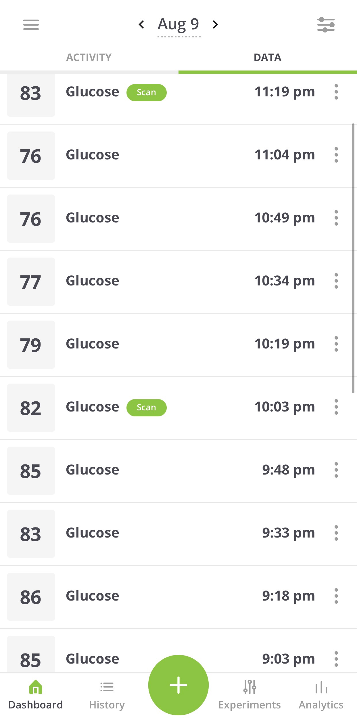 list view of glucose readings from nutrisense CGM app